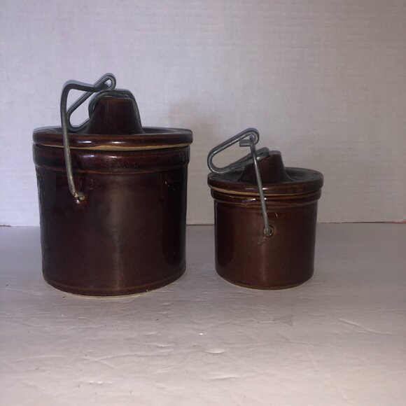 Vintage 2 Brown Ceramic Stoneware Crock Cannisters with Lids - Picture 3 of 10